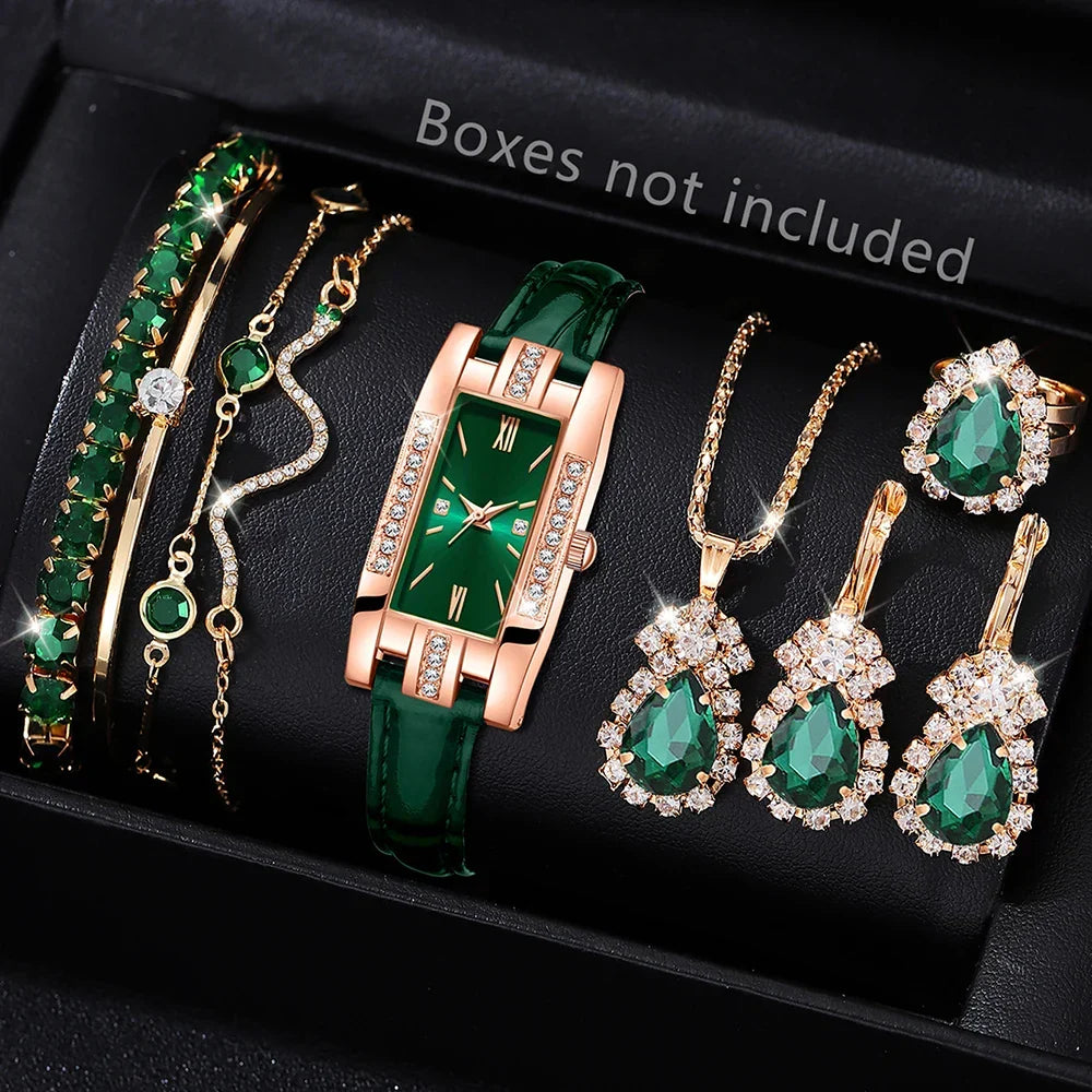 Émeraude – Coffret montre femme rectangulaire et bijoux