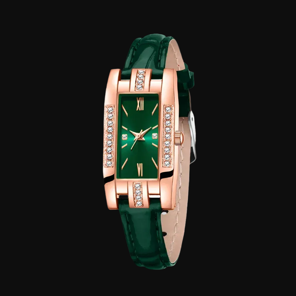 Émeraude – Coffret montre femme rectangulaire et bijoux