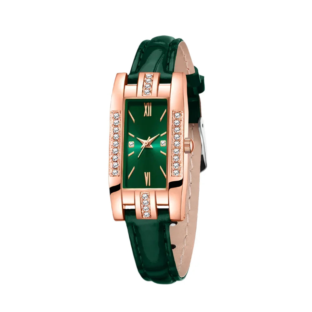 Émeraude – Coffret montre femme rectangulaire et bijoux