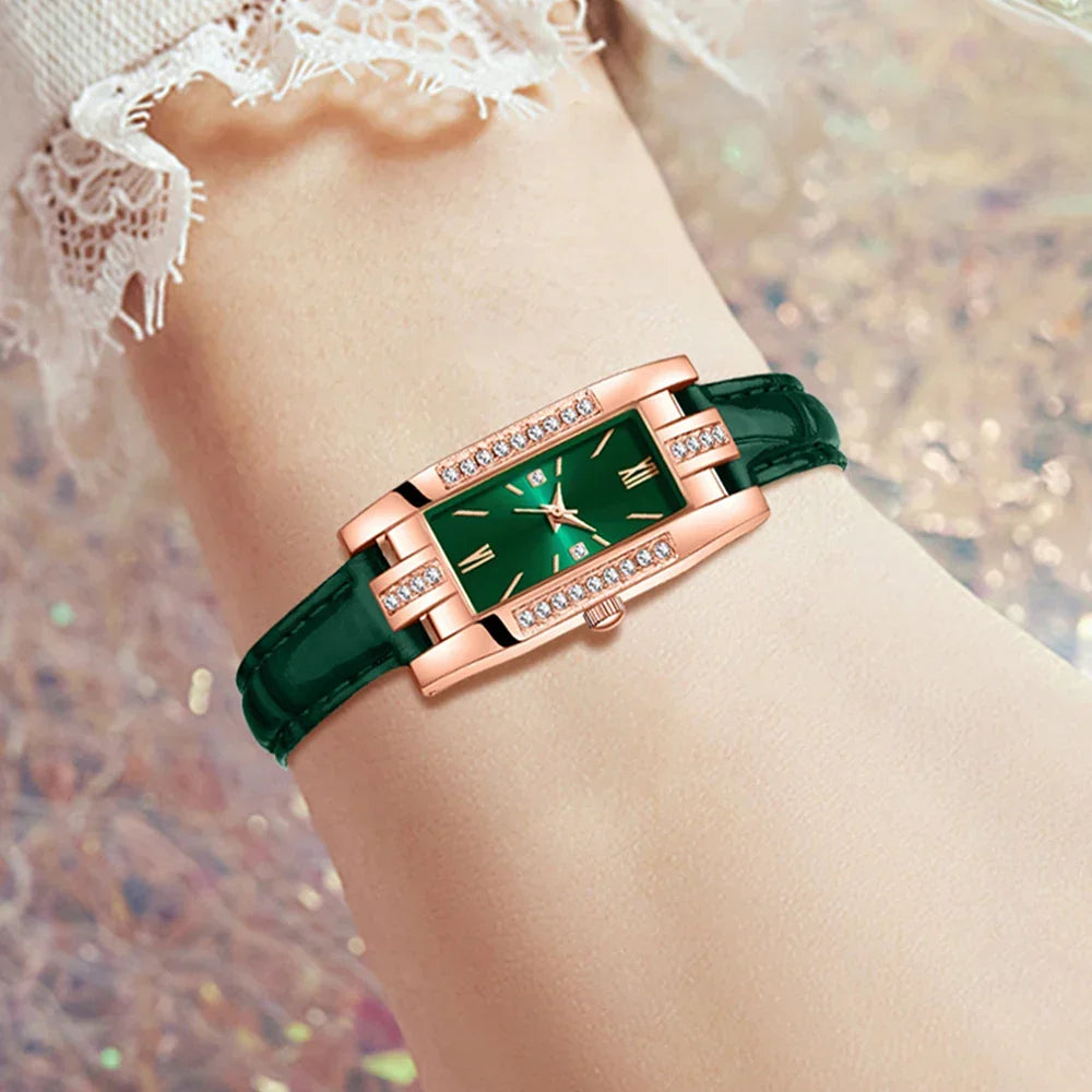 Émeraude – Coffret montre femme rectangulaire et bijoux