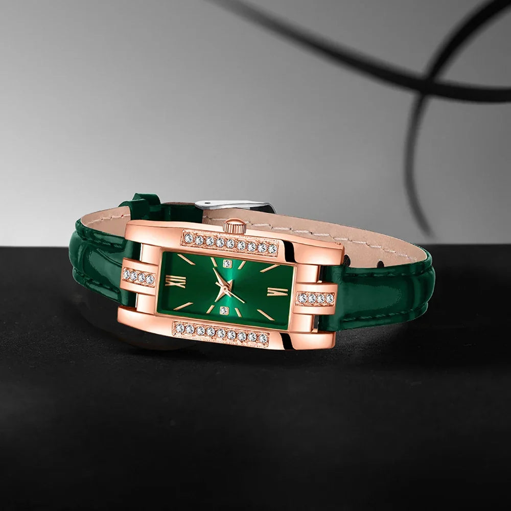 Émeraude – Coffret montre femme rectangulaire et bijoux